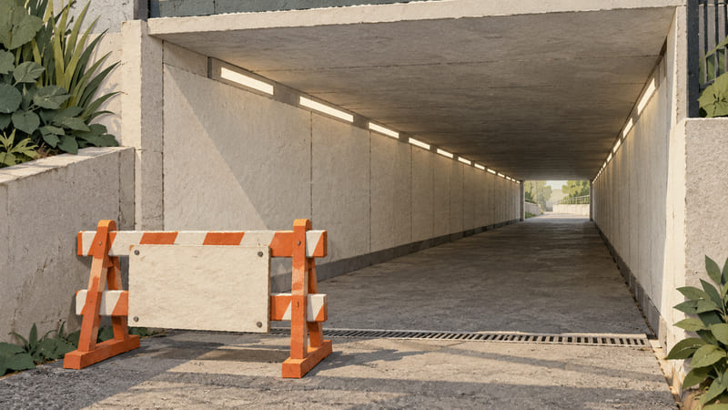 Illustration: Paper illustration of a long, low concrete pedestrian corridor with pale walls, high linear lights and a temporary barrier; researched architectural concept, not an exact view or approved Hurley Street artwork.
