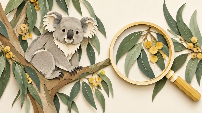 Illustration: A paper koala on a branch beside eucalyptus leaves and a golden magnifying glass.