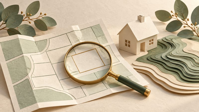 Illustration: A magnifying glass over an abstract parcel map beside a paper house and layered terrain.