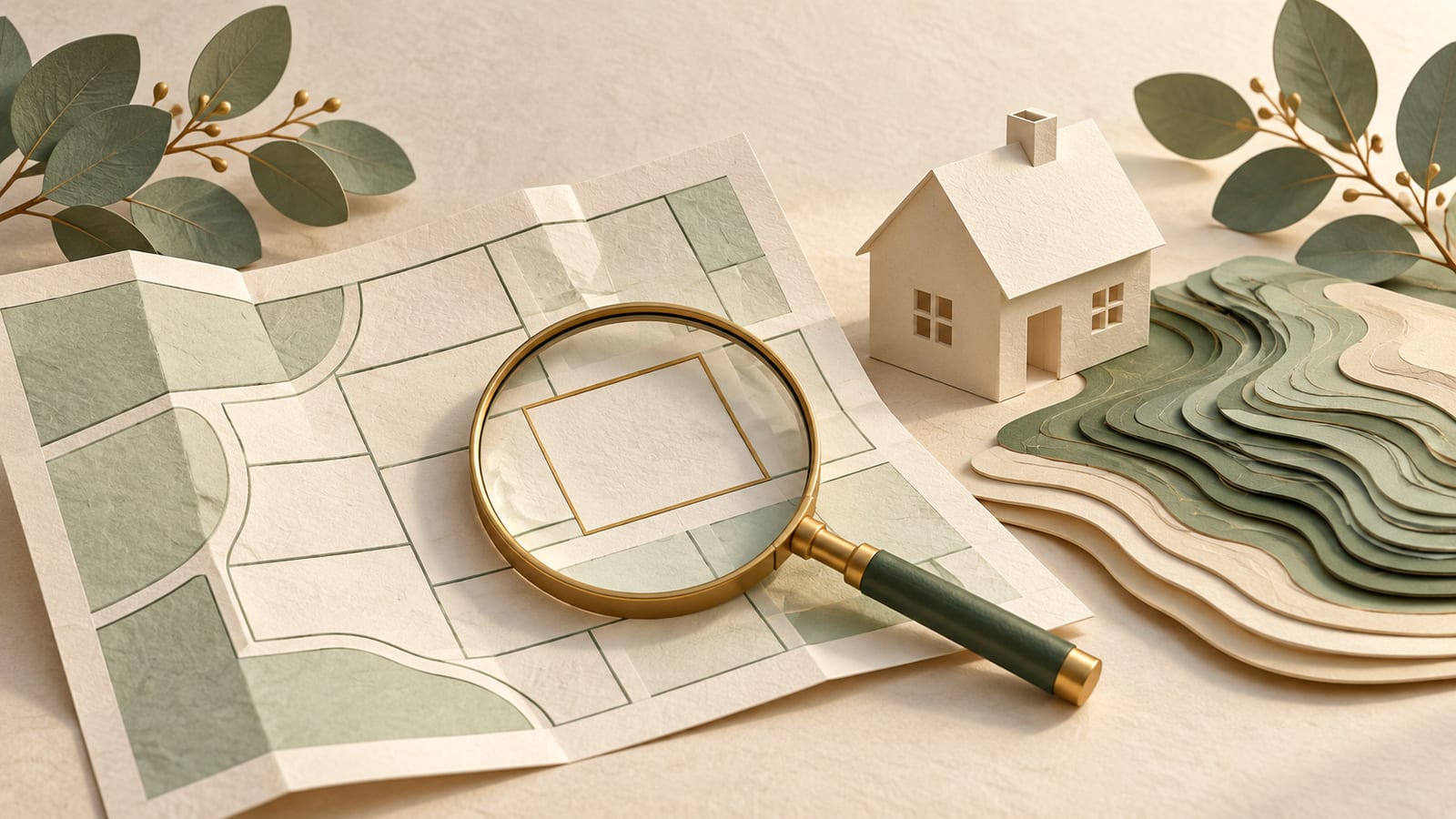Illustration: A magnifying glass over an abstract parcel map beside a paper house and layered terrain.