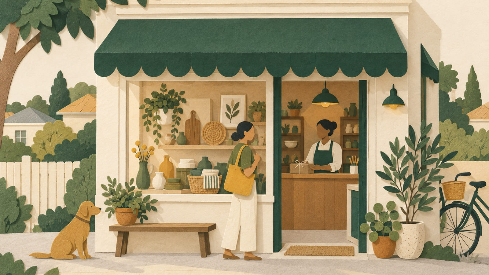 Illustration: Paper-cut illustration of a shopkeeper welcoming a customer to a small local shop.