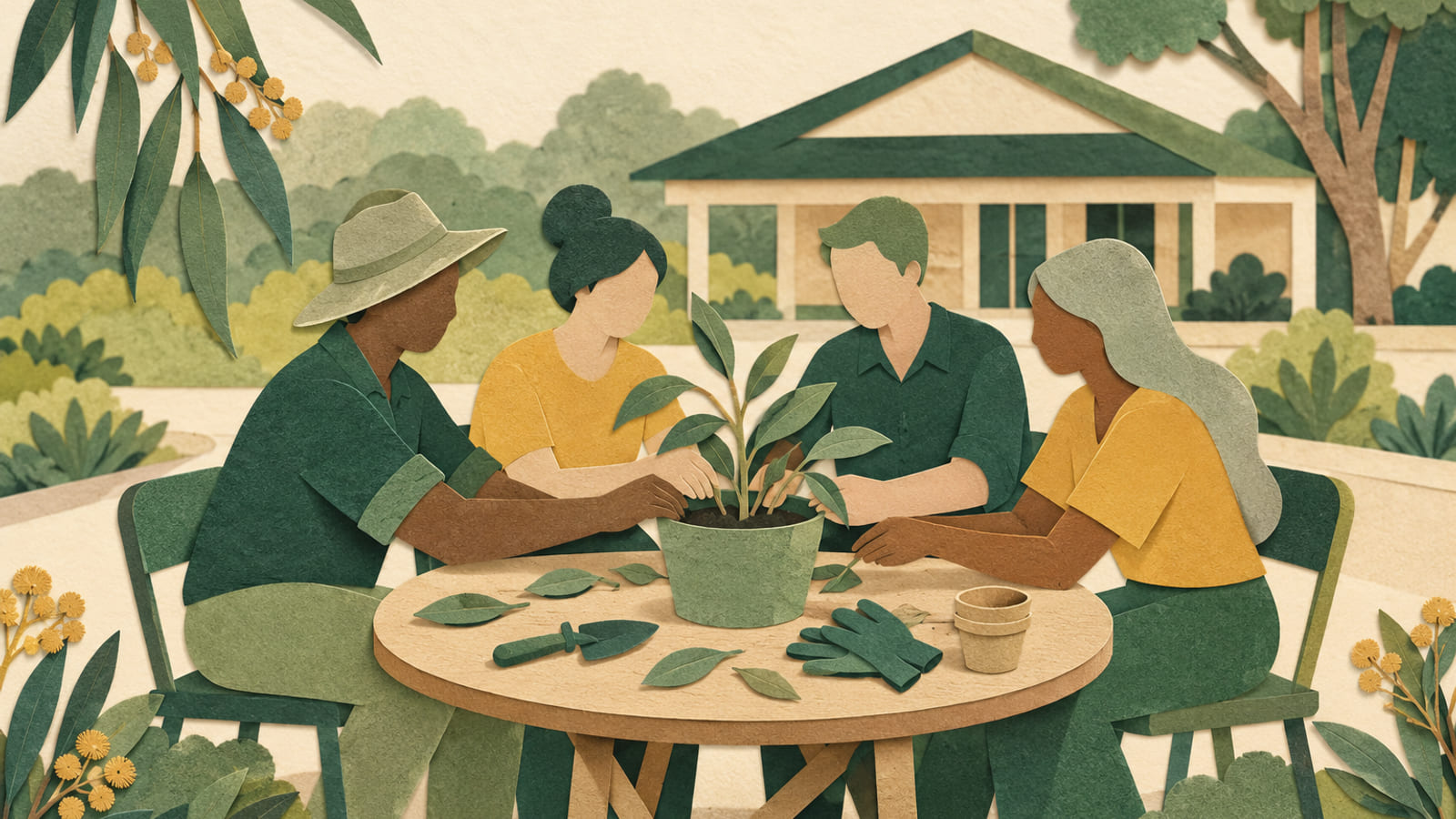 Illustration: Paper-cut illustration of a community group working together around a table with a plant.