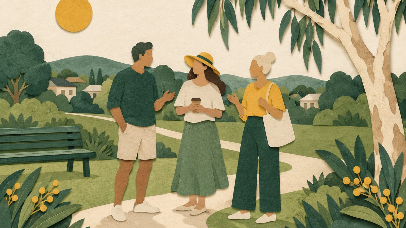 Illustration: Paper-cut illustration of three neighbours talking in a leafy park.