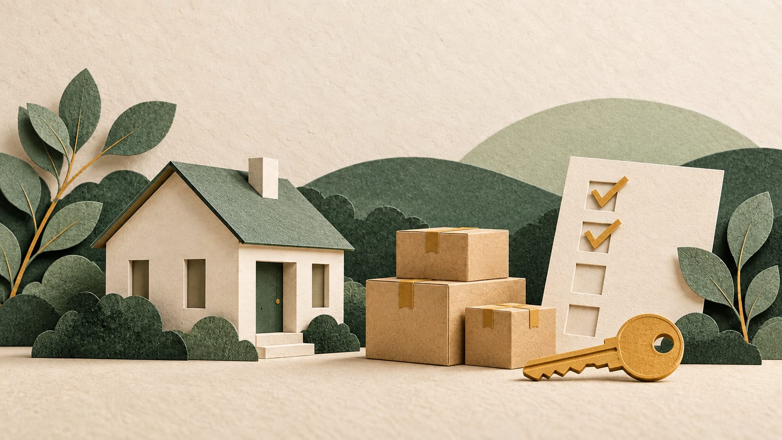 Illustration: A paper house, moving boxes, a key and a checklist.