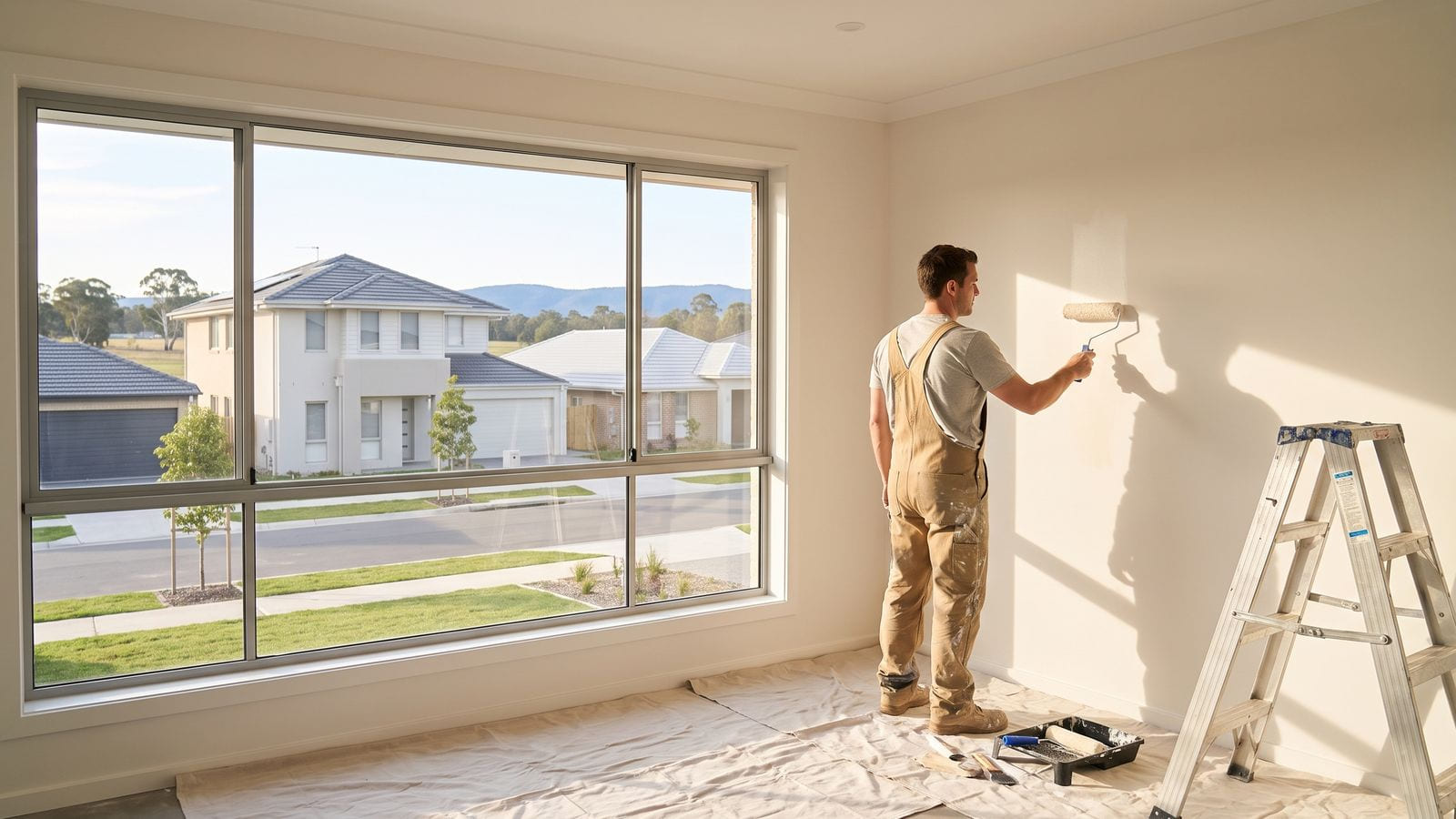 Illustration: A painter rolling paint onto the wall of a newly built room.