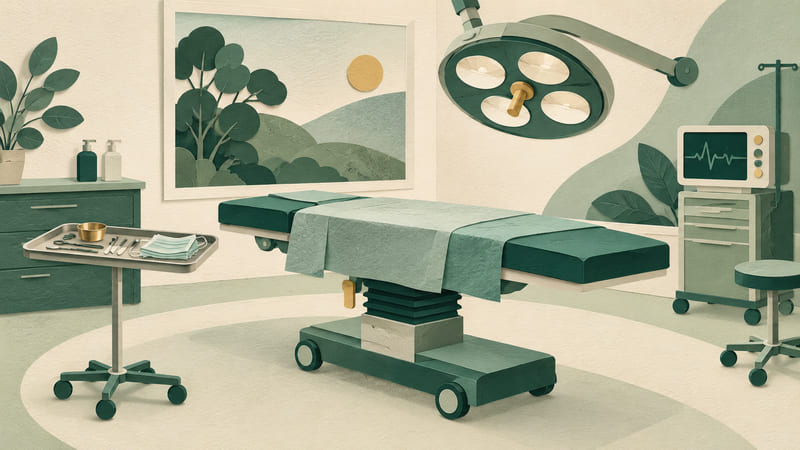 Illustration: Paper-cut illustration of an empty operating table with an overhead surgical light, an instrument tray and a patient monitor.