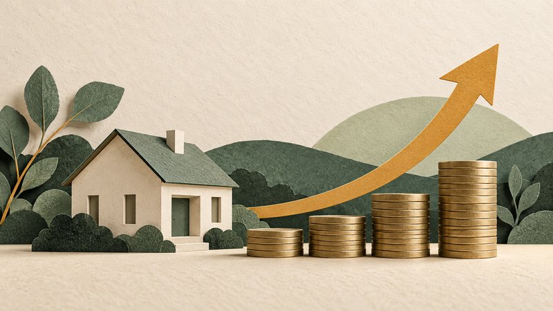 Illustration: A stylised house beside stacks of coins and an upward arrow.