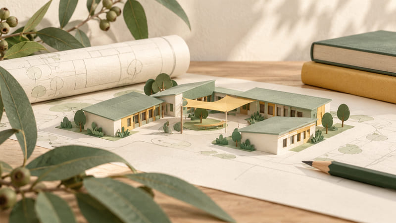 Illustration: A miniature paper school model on planning drawings beside a rolled plan, books and a pencil, framed by eucalyptus leaves.