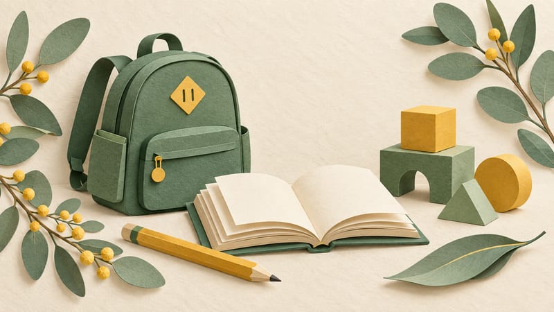 Illustration: A green paper backpack, open blank book, gold pencil and geometric toy blocks.