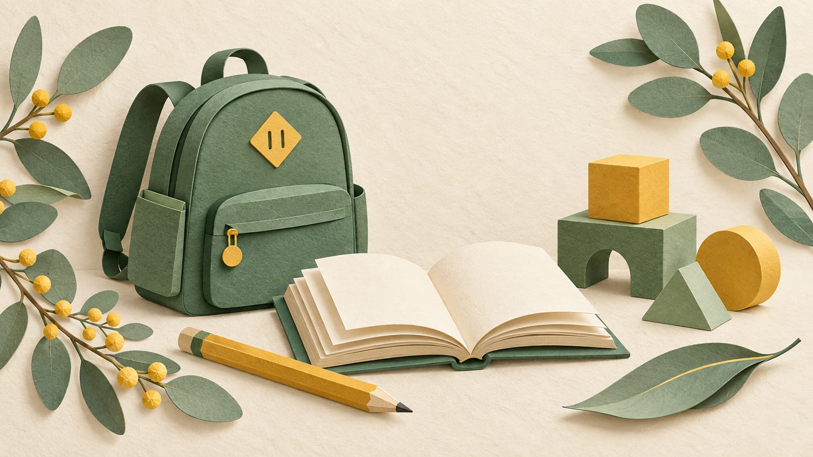 Illustration: A green paper backpack, open blank book, gold pencil and geometric toy blocks.