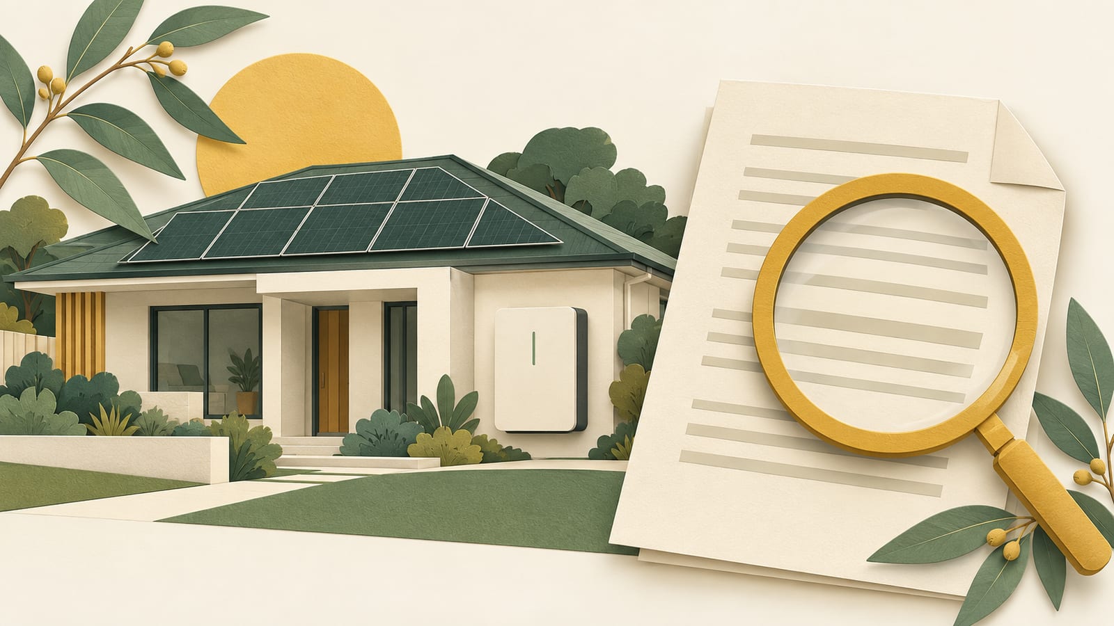 Illustration: Paper illustration of a house with rooftop solar panels and a wall-mounted battery beside a document and magnifying glass.