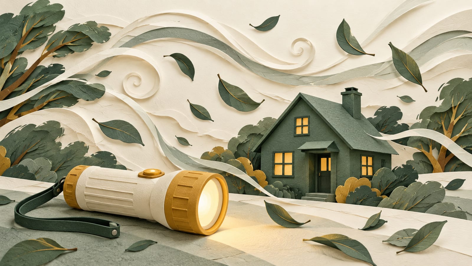 Illustration: A paper house, torch and swirling wind ribbons with eucalyptus leaves.