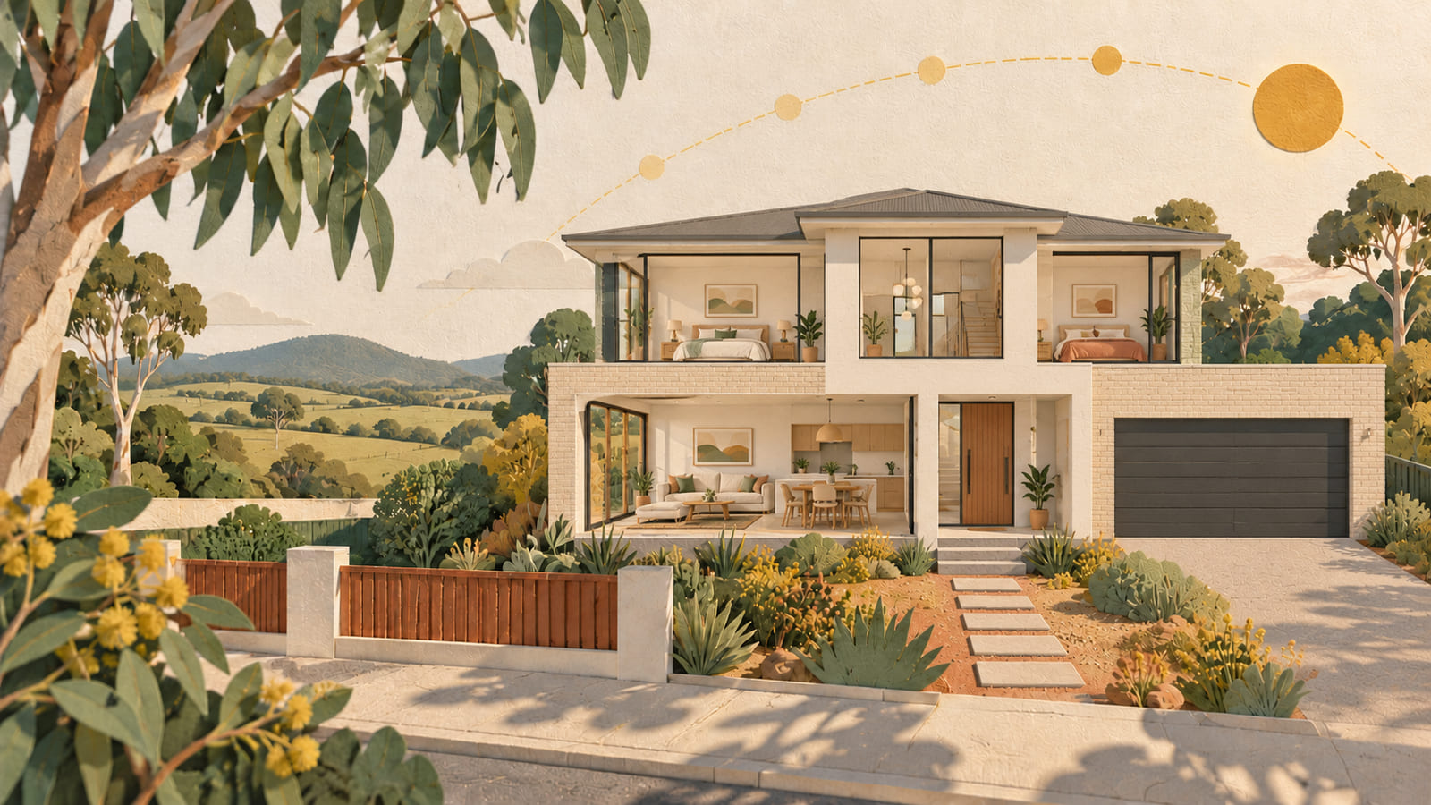 Illustration: Cut-paper modern two-storey home with open rooms, a sun-path arc and inland paddocks.