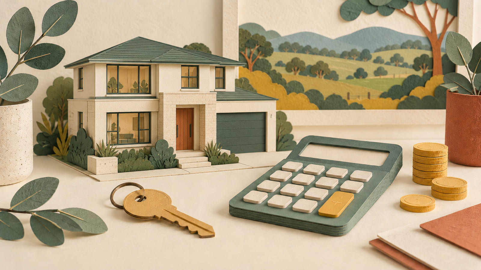 Illustration: Cut-paper modern two-storey home model beside a calculator, house key and stacks of coins.