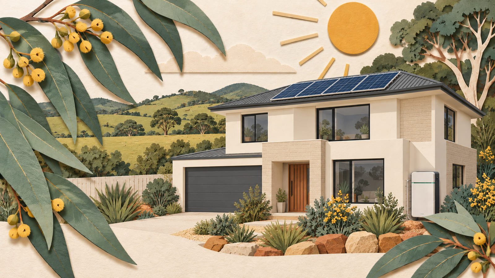 Illustration: Cut-paper modern two-storey home with rooftop solar panels and a battery against inland paddocks.
