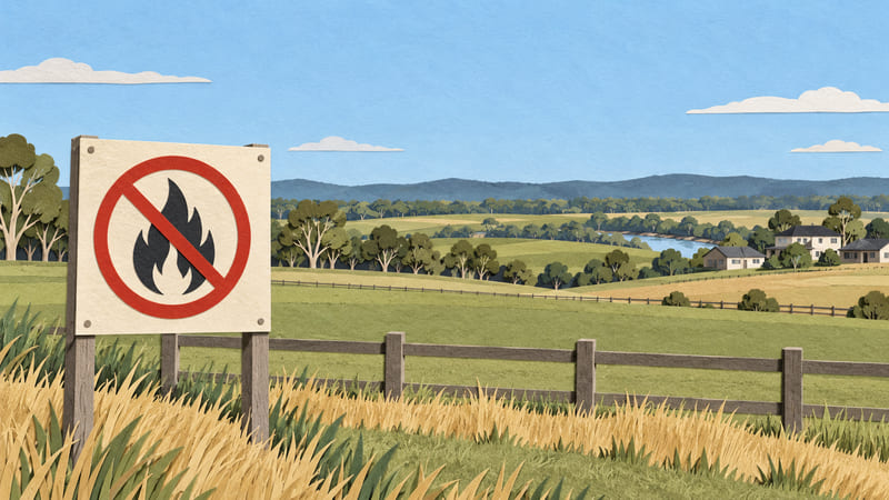 Illustration: Paper illustration of a crossed-out flame sign beside open fenced paddocks, eucalyptus tree lines and distant modern houses; locally informed safety concept, not an actual sign or fire scene.