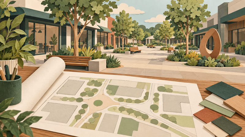 Illustration: Cut-paper artwork of an abstract street plan beside a tree-lined public space; conceptual planning art, not an approved design or a view of the actual Campbelltown, Glenfield or Ingleburn projects.