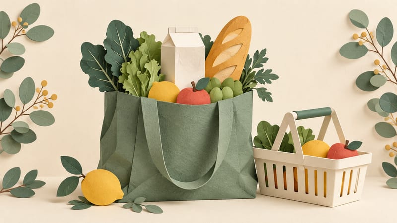 Illustration: A green paper grocery bag and cream basket filled with stylised produce and a blank carton.