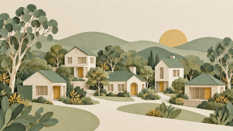 Illustration: A cluster of cream paper houses with green roofs, winding paths and trees.