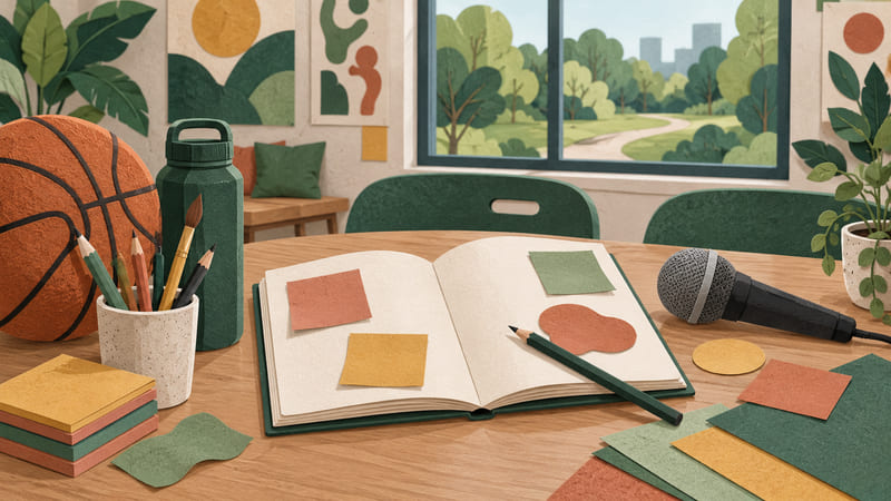 Illustration: Cut-paper artwork of a notebook, microphone, basketball, pencils and craft materials on a table; conceptual youth activity planning, not a photograph of a funded event or an actual venue.