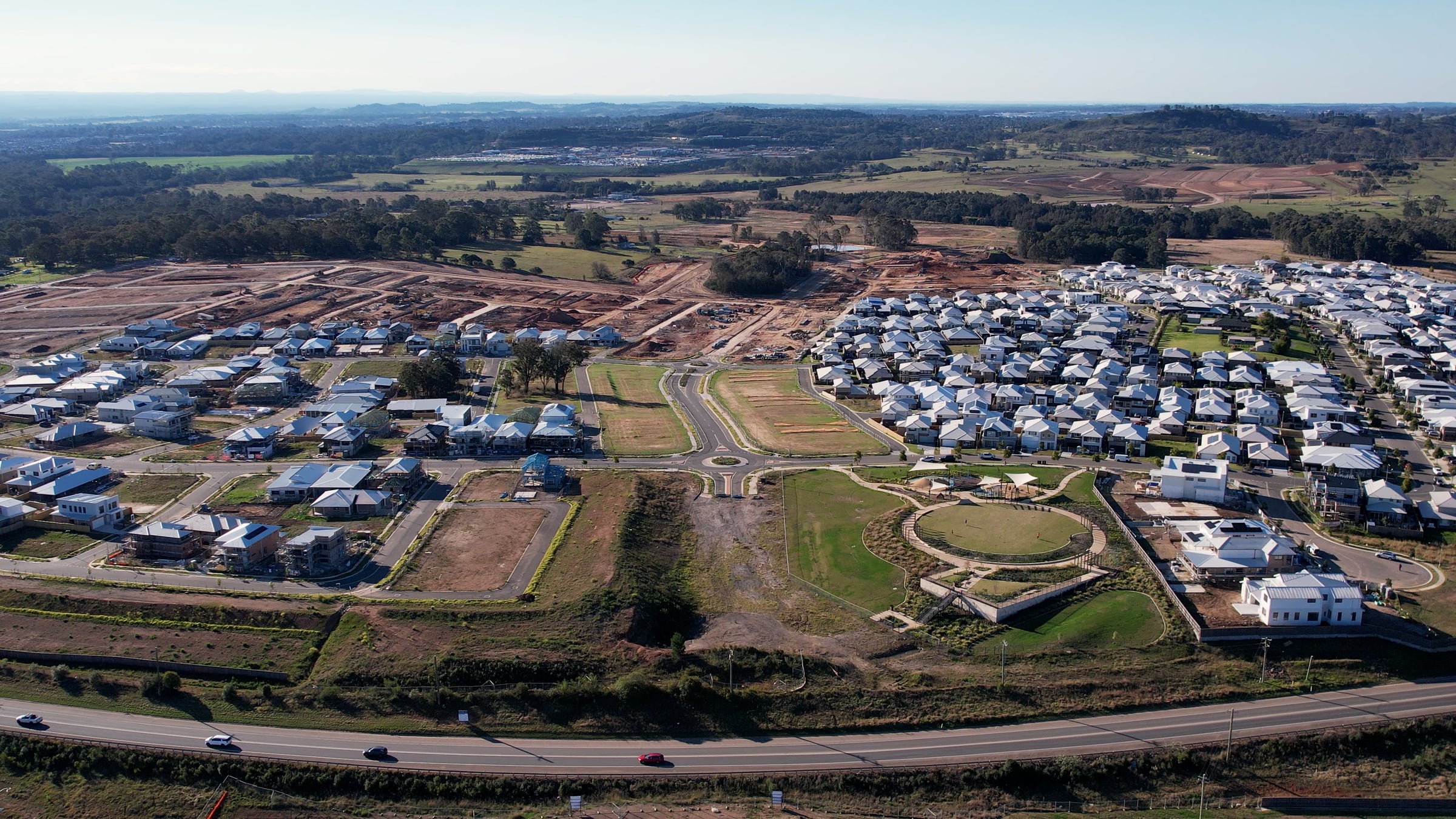 Aerial photograph of the Menangle Park estate, 30 August 2026