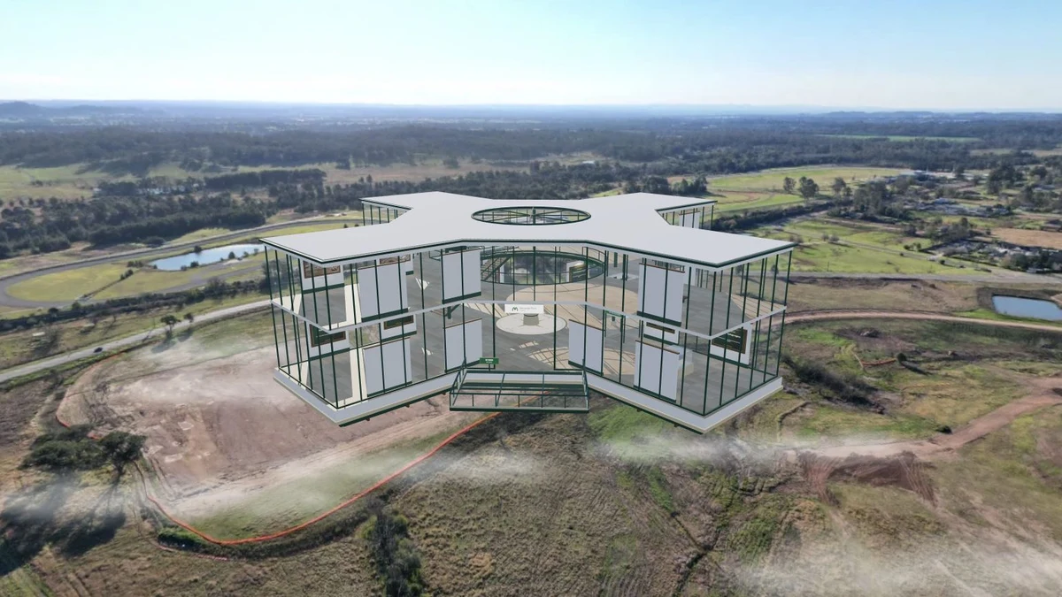 The virtual two-storey glass museum and its Sky Terrace floating above an aerial landscape.
